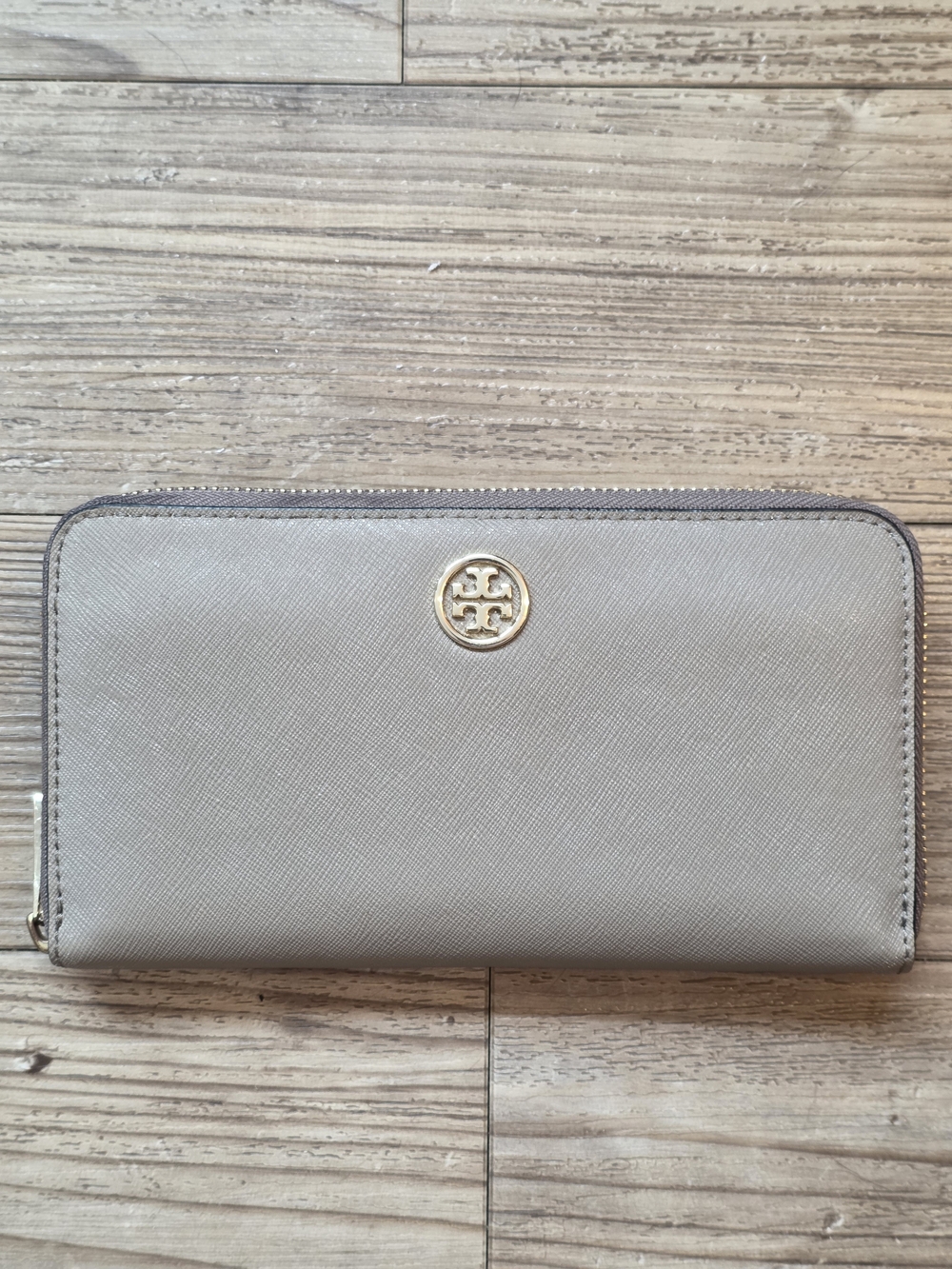 Tory Burch Taupe Zip-Around Saffiano Wallet